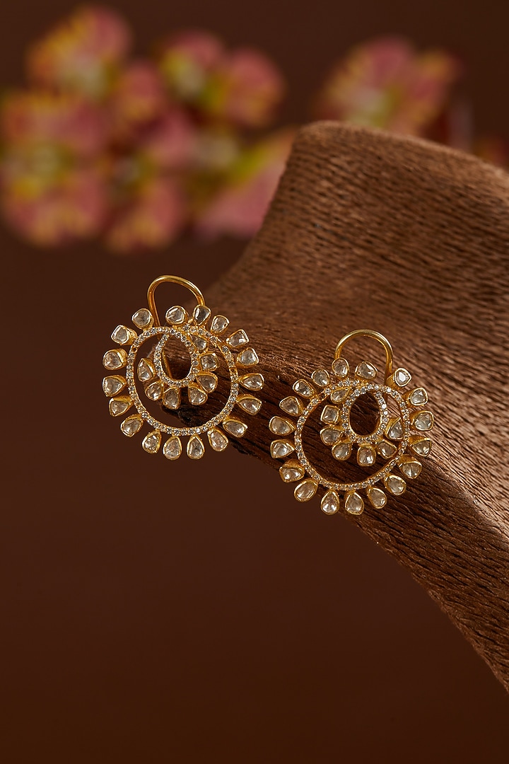 Gold Finish Moissanite Polki & CZ Stud Earrings In Sterling Silver by STELLA CREATIONS at Pernia's Pop Up Shop