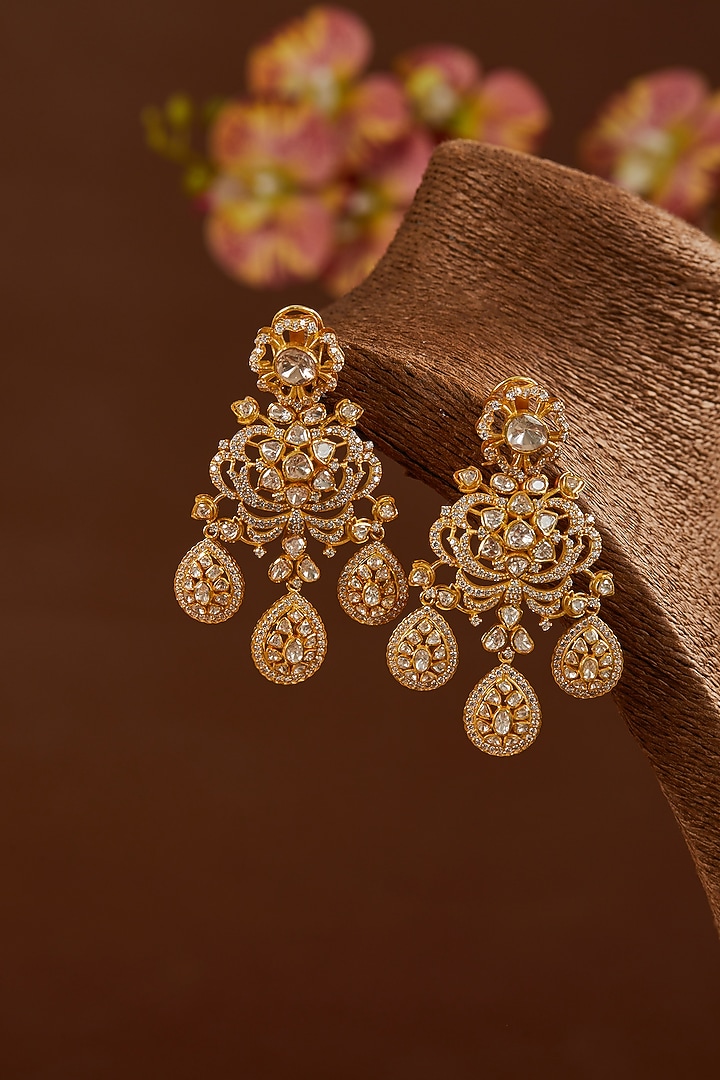Gold Finish Moissanite Polki & CZ Dangler Earrings In Sterling Silver by STELLA CREATIONS at Pernia's Pop Up Shop