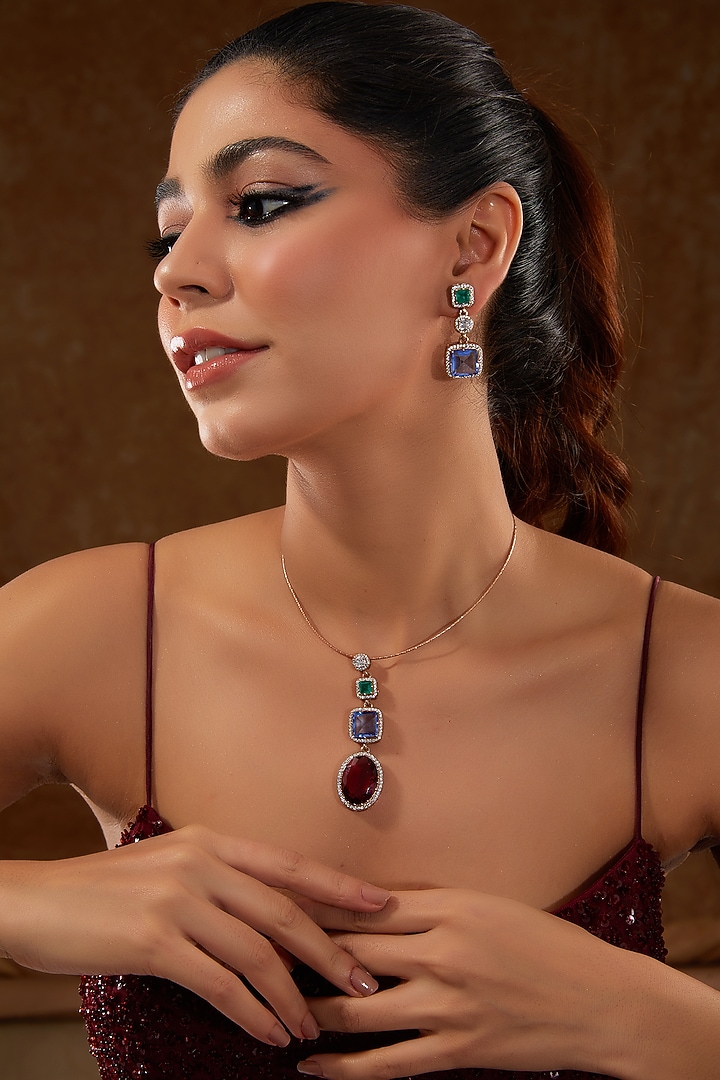 White Finish Zircon & Blue Sapphire Pendant Necklace Set In Sterling Silver by STELLA CREATIONS at Pernia's Pop Up Shop