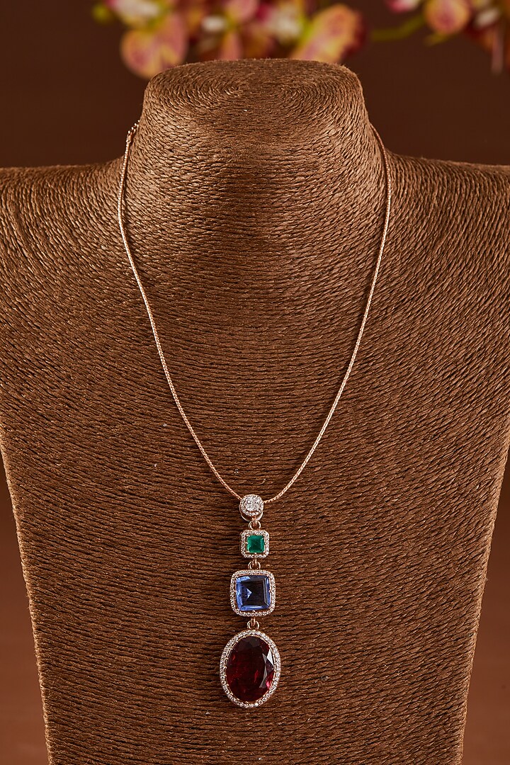 White Finish Zircon & Blue Sapphire Pendant Necklace Set In Sterling Silver by STELLA CREATIONS at Pernia's Pop Up Shop
