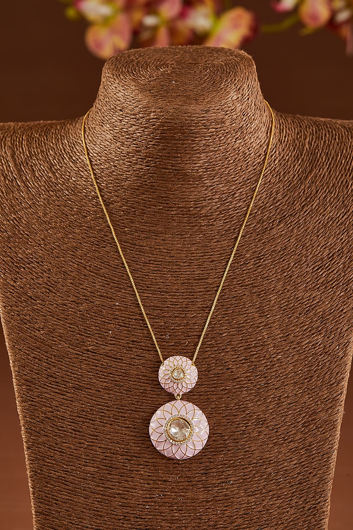 Gold Finish Moissanite Polki Enameled Pendant Necklace Set In Sterling Silver by STELLA CREATIONS at Pernia's Pop Up Shop