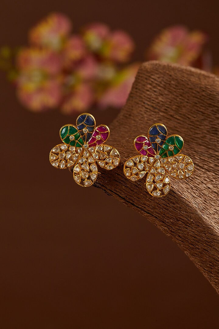Gold Finish Moissanite Polki & Emerald Stud Earrings In Sterling Silver by STELLA CREATIONS at Pernia's Pop Up Shop