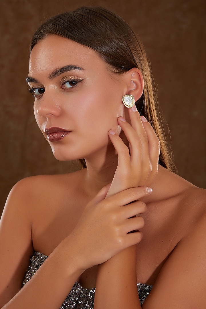 Gold Finish Moissanite Polki & CZ Stud Earrings In Sterling Silver by STELLA CREATIONS at Pernia's Pop Up Shop