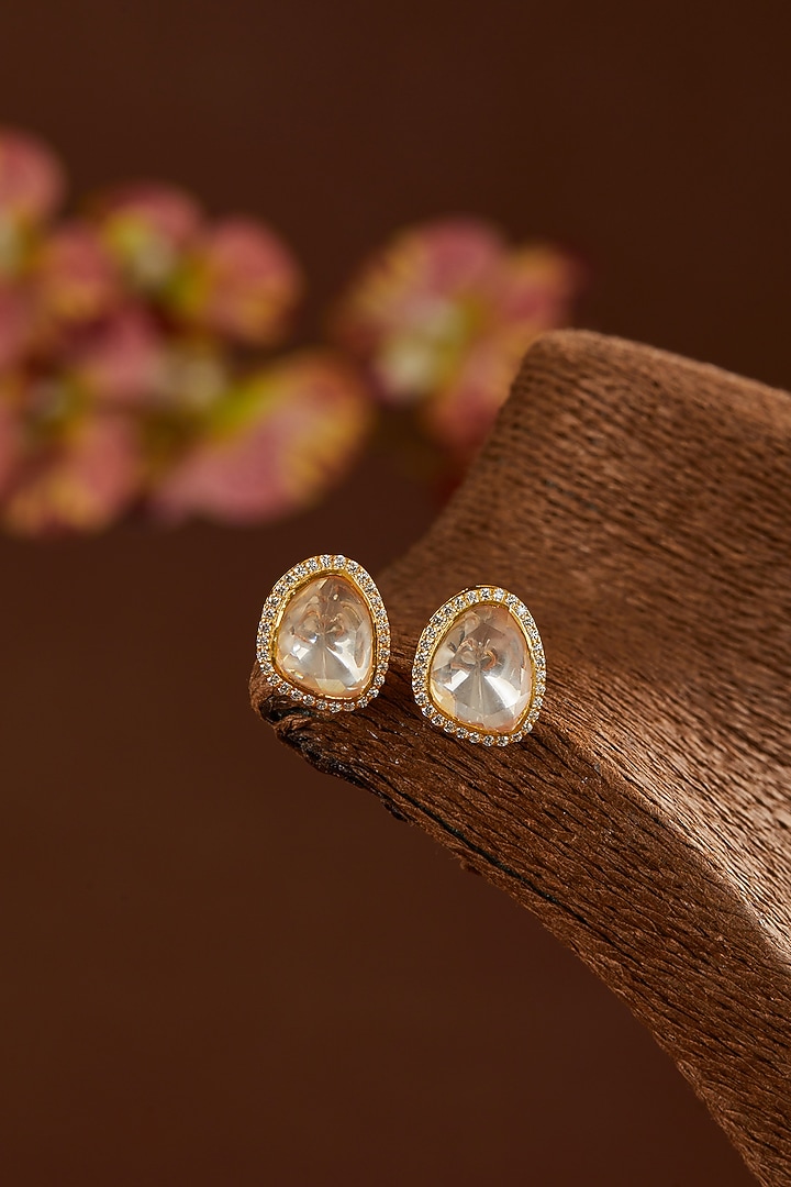 Gold Finish Moissanite Polki & CZ Stud Earrings In Sterling Silver by STELLA CREATIONS at Pernia's Pop Up Shop
