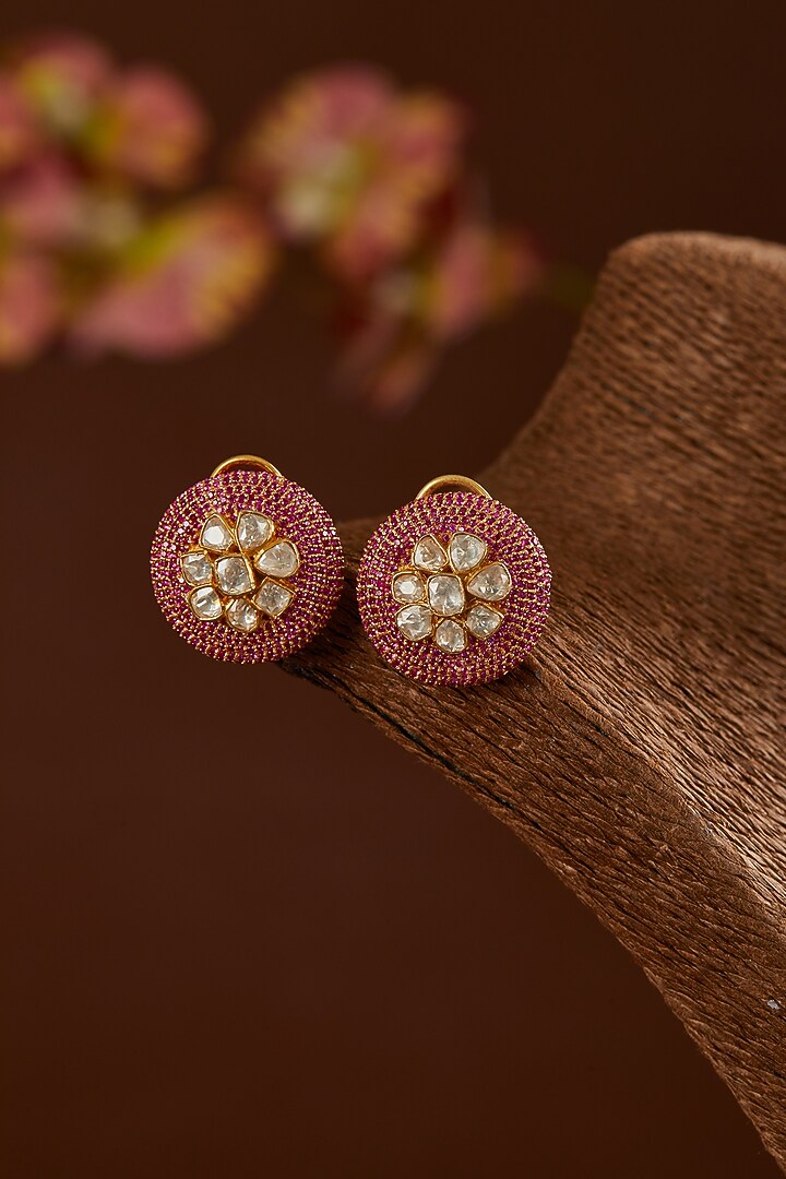 Gold Finish Moissanite Polki & Ruby Stud Earrings In Sterling Silver by STELLA CREATIONS at Pernia's Pop Up Shop