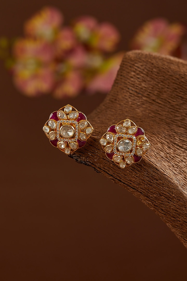 Gold Finish Moissanite Polki & CZ Stud Earrings In Sterling Silver by STELLA CREATIONS at Pernia's Pop Up Shop