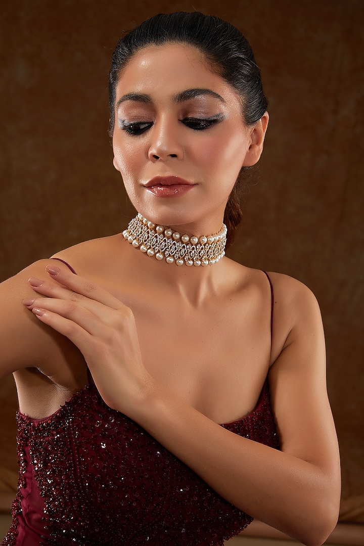 Gold Finish Freshwater Pearl & CZ Choker Necklace In Sterling Silver by STELLA CREATIONS at Pernia's Pop Up Shop