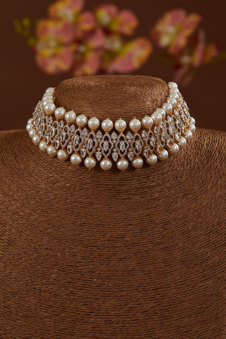 Gold Finish Freshwater Pearl & CZ Choker Necklace In Sterling Silver by STELLA CREATIONS at Pernia's Pop Up Shop
