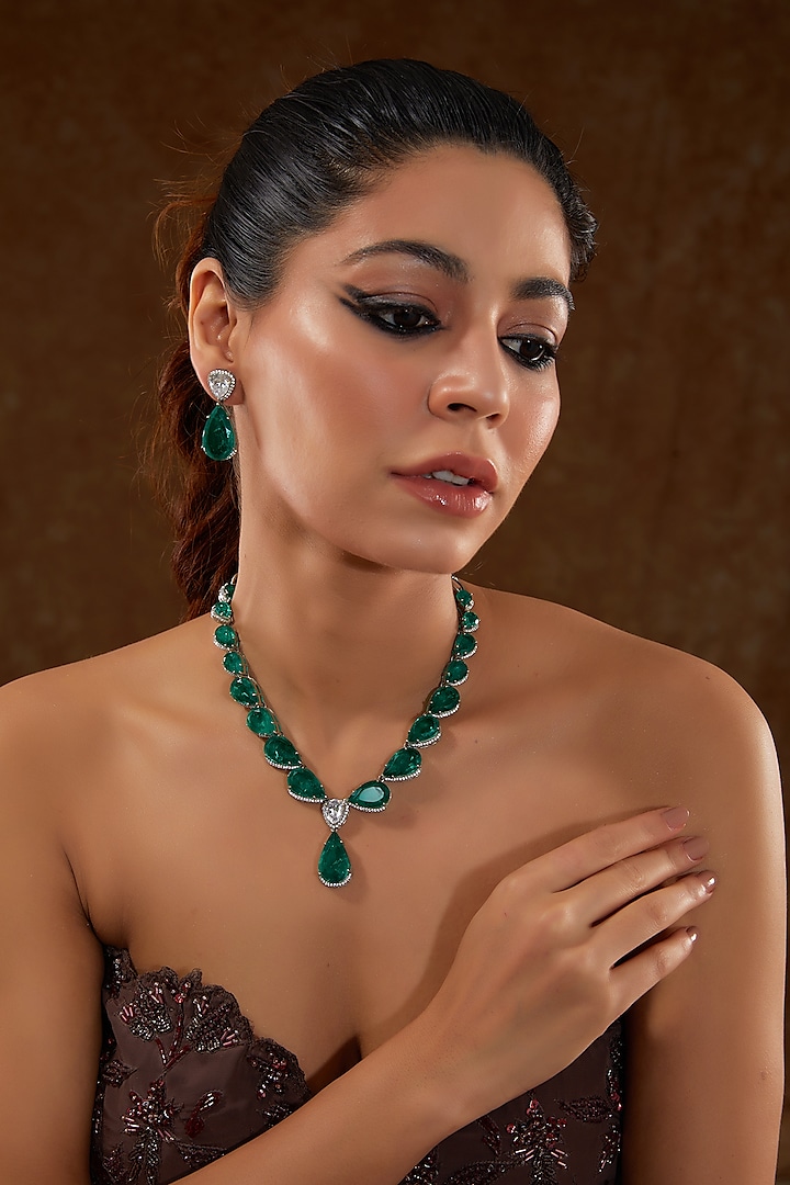 White Finish Zircon & Emerald Necklace Set In Sterling Silver by STELLA CREATIONS at Pernia's Pop Up Shop
