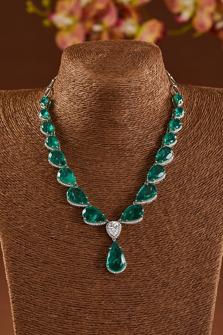White Finish Zircon & Emerald Necklace Set In Sterling Silver by STELLA CREATIONS at Pernia's Pop Up Shop