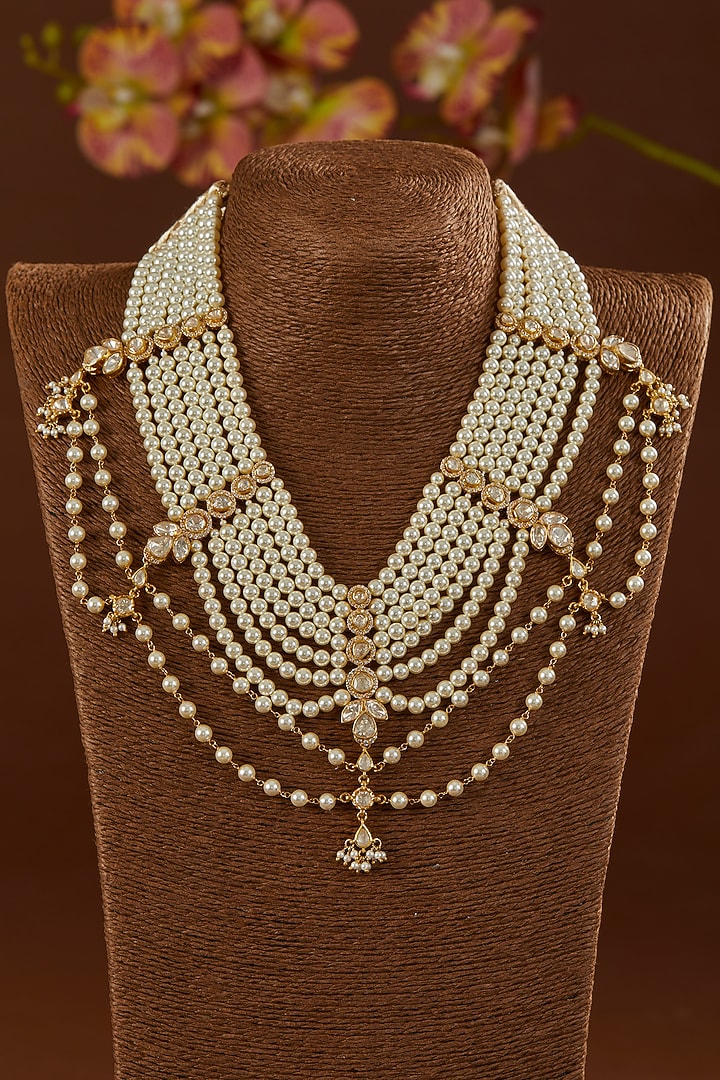 Gold Finish Moissanite Polki & Pearl Beaded Mala In Sterling Silver by STELLA CREATIONS at Pernia's Pop Up Shop
