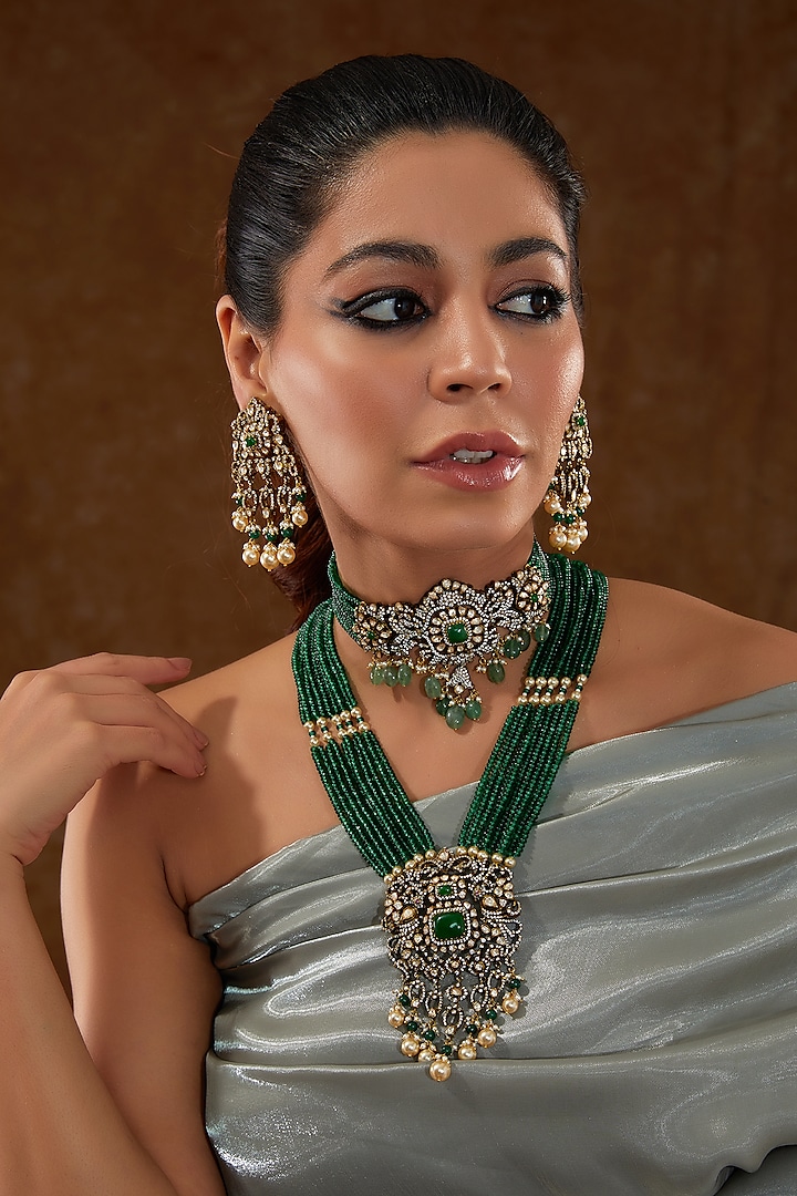 Black Rhodium Finish Moissanite Polki & Emerald Necklace Set In Sterling Silver by STELLA CREATIONS at Pernia's Pop Up Shop