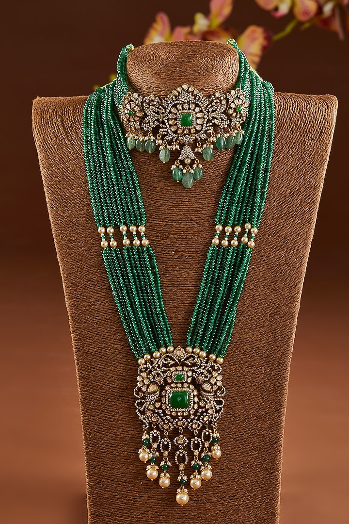 Black Rhodium Finish Moissanite Polki & Emerald Necklace Set In Sterling Silver by STELLA CREATIONS at Pernia's Pop Up Shop