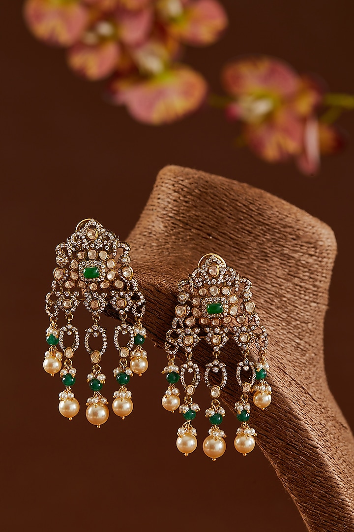Black Rhodium Finish Moissanite Polki & Emerald Necklace Set In Sterling Silver by STELLA CREATIONS at Pernia's Pop Up Shop