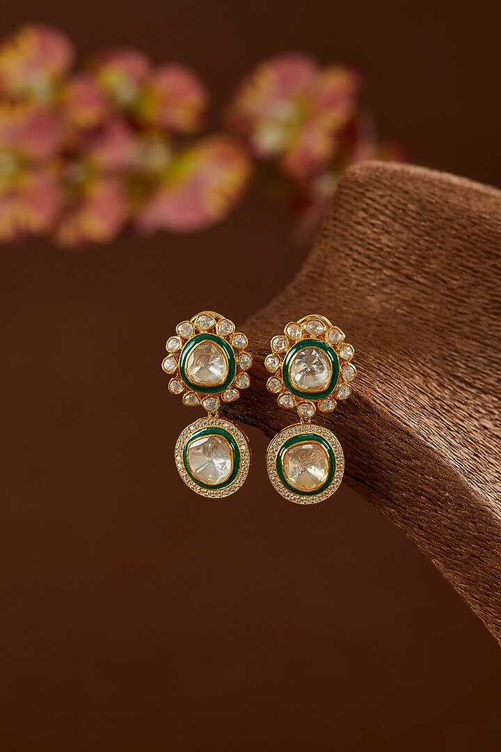 Gold Finish Moissanite Polki & CZ Enameled Dangler Earrings In Sterling Silver by STELLA CREATIONS at Pernia's Pop Up Shop