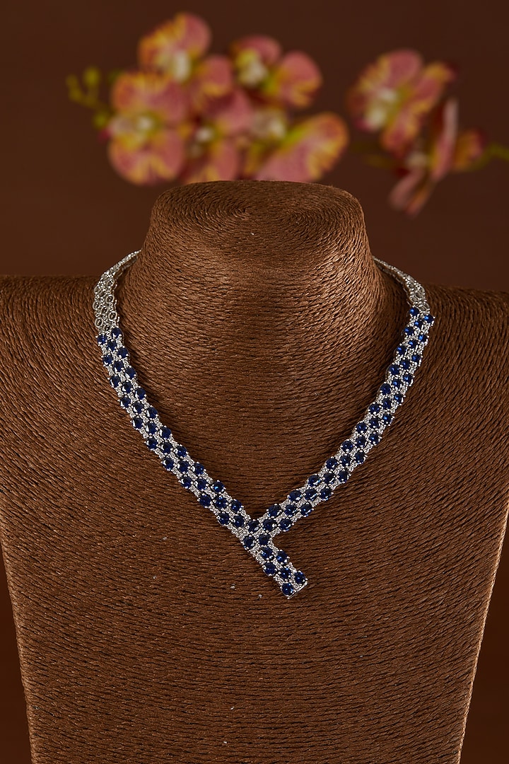 White Finish Zircon & Blue Sapphire Long Necklace In Sterling Silver by STELLA CREATIONS at Pernia's Pop Up Shop