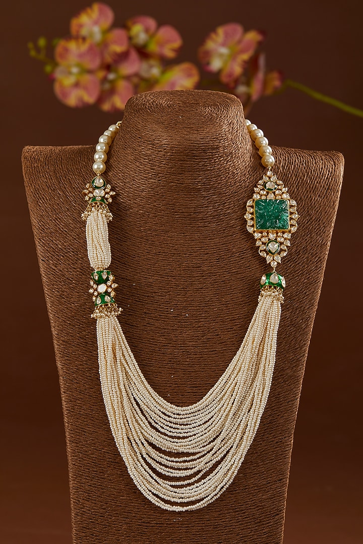 Gold Finish Moissanite Polki & Emerald Long Necklace In Sterling Silver by STELLA CREATIONS at Pernia's Pop Up Shop