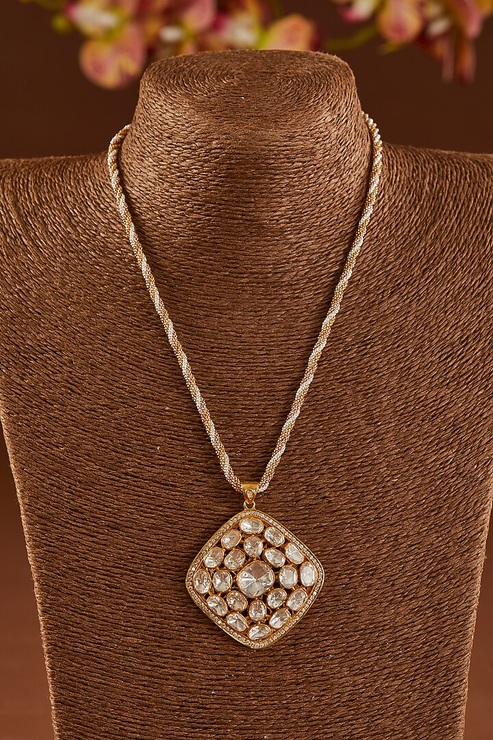 Gold Finish Moissanite Polki & CZ Pendant Necklace Set In Sterling Silver by STELLA CREATIONS at Pernia's Pop Up Shop