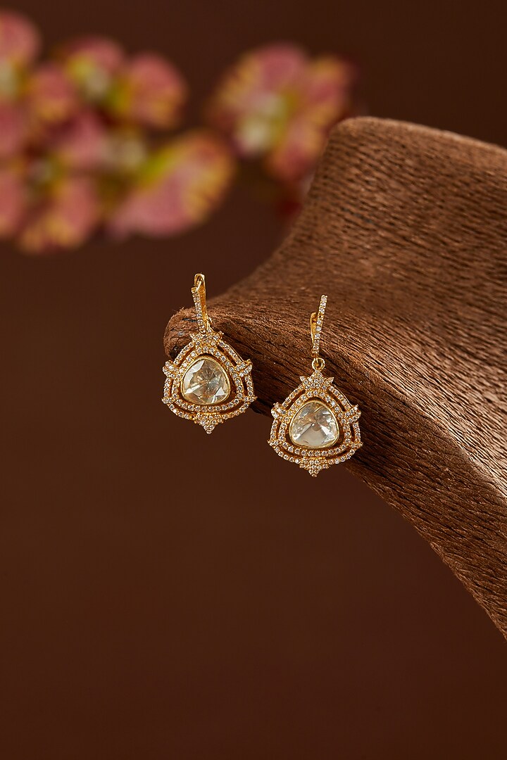 Gold Finish Moissanite Polki & CZ Dangler Earrings In Sterling Silver by STELLA CREATIONS at Pernia's Pop Up Shop