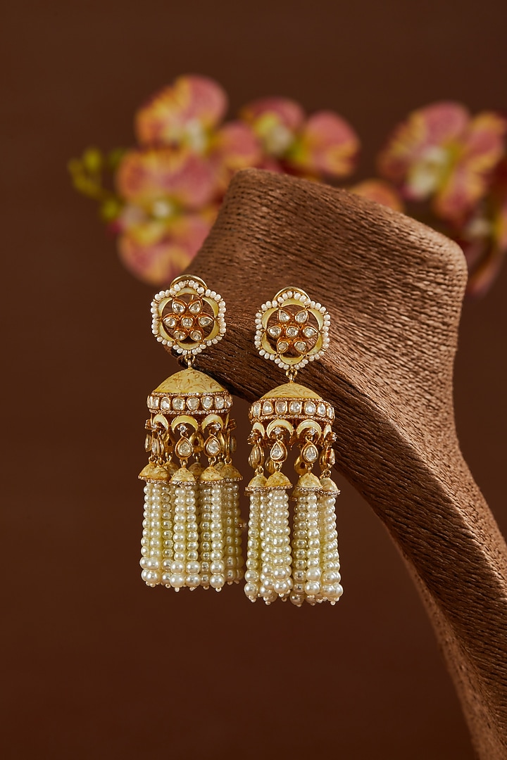 Gold Finish Moissanite Polki & Freshwater Pearl Dangler Earrings In Sterling Silver by STELLA CREATIONS at Pernia's Pop Up Shop