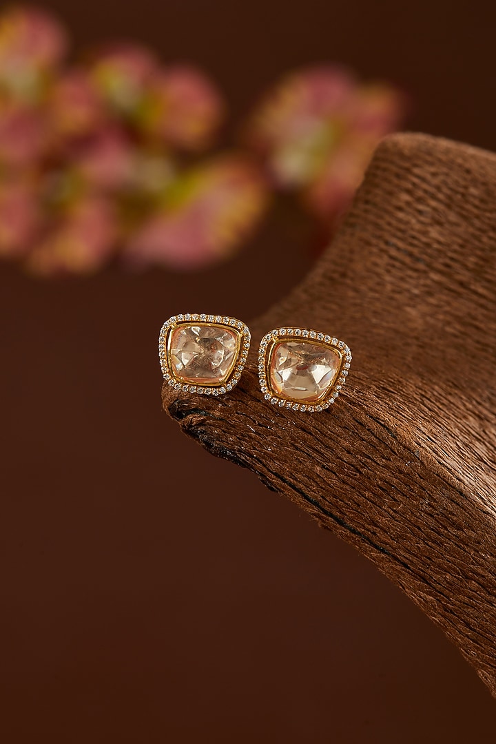 Gold Finish Moissanite Polki & CZ Stud Earrings In Sterling Silver by STELLA CREATIONS at Pernia's Pop Up Shop