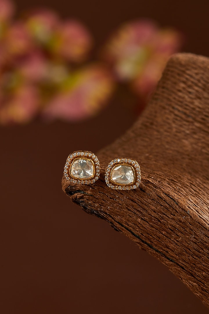 Gold Finish Moissanite Polki & CZ Stud Earrings In Sterling Silver by STELLA CREATIONS at Pernia's Pop Up Shop