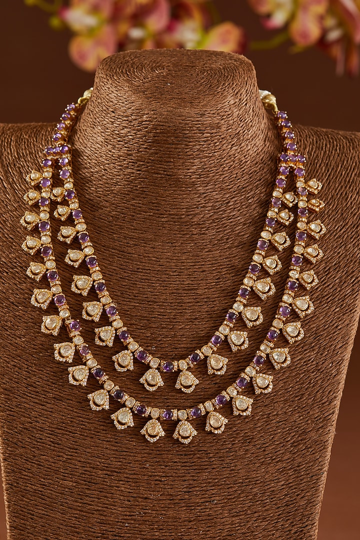 Gold Finish Moissanite Polki & Amethyst Necklace Set In Sterling Silver by STELLA CREATIONS at Pernia's Pop Up Shop