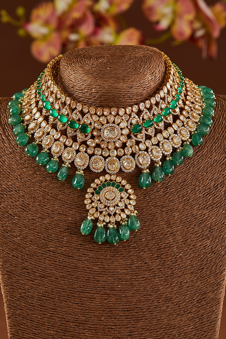 Gold Finish Moissanite Polki & Emerald Necklace Set by STELLA CREATIONS at Pernia's Pop Up Shop