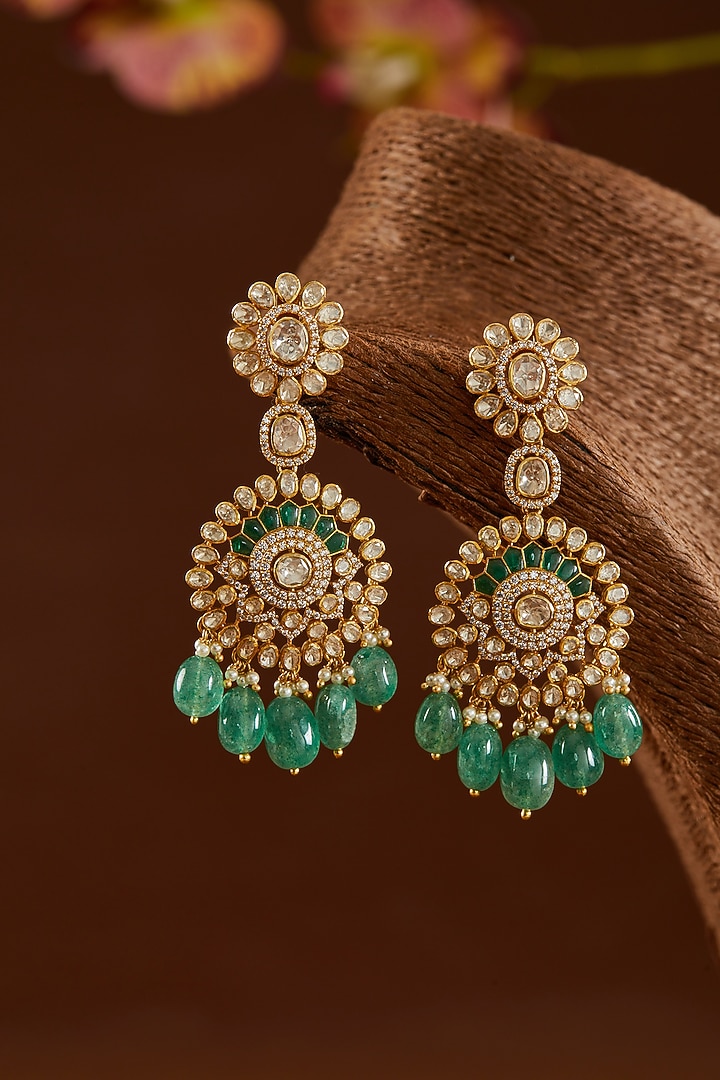 Gold Finish Moissanite Polki & Emerald Necklace Set by STELLA CREATIONS at Pernia's Pop Up Shop
