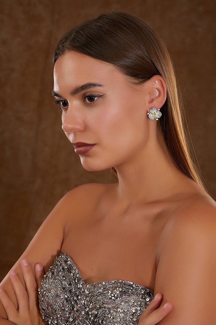 White Finish Zircon & Yellow Topaz Stud Earrings In Sterling Silver by STELLA CREATIONS at Pernia's Pop Up Shop