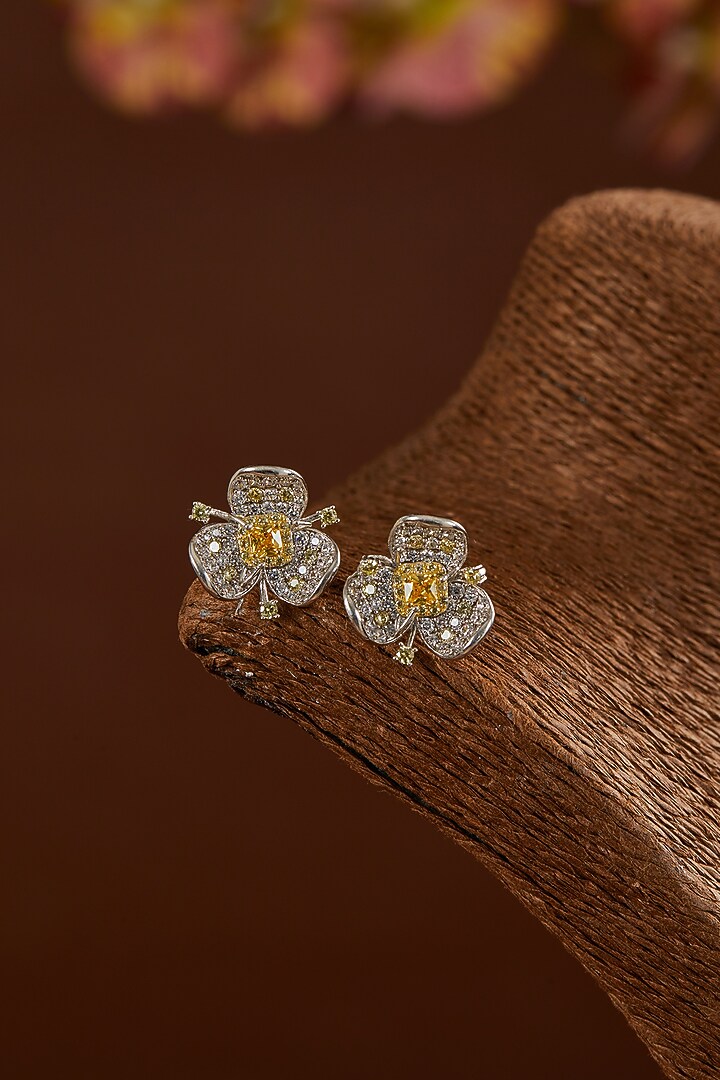 White Finish Zircon & Yellow Topaz Stud Earrings In Sterling Silver by STELLA CREATIONS at Pernia's Pop Up Shop