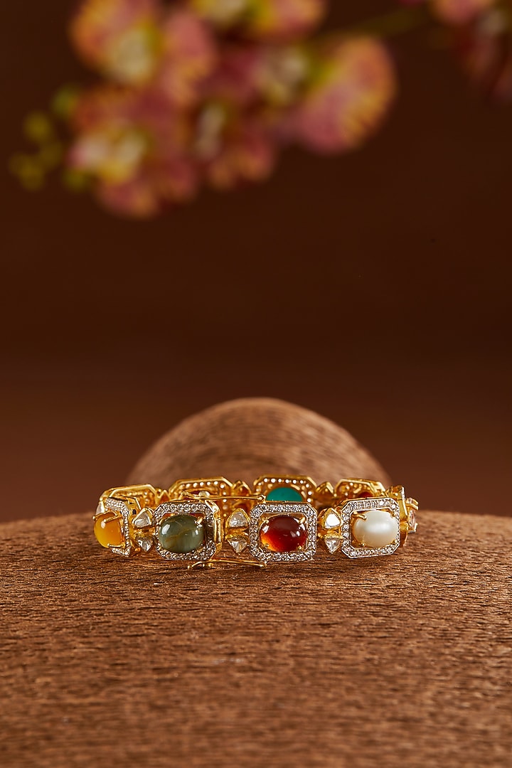 Yellow Gold Finish Moissanite Polki & Navratna Stone Bracelet In Sterling Silver by STELLA CREATIONS at Pernia's Pop Up Shop