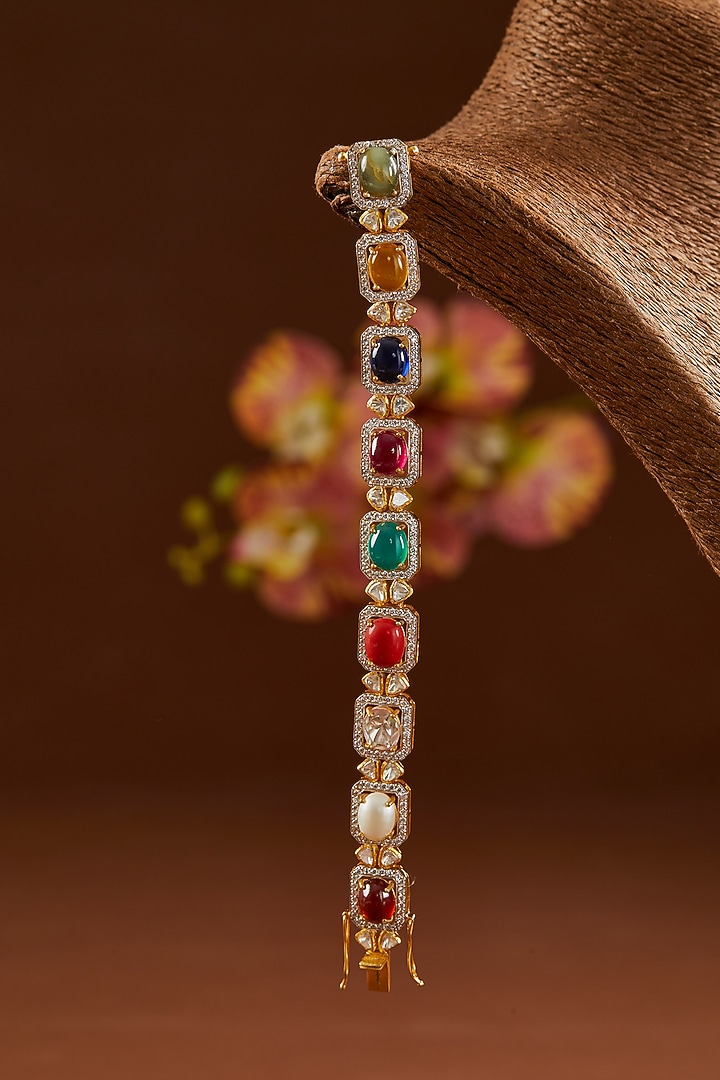 Yellow Gold Finish Moissanite Polki & Navratna Stone Bracelet In Sterling Silver by STELLA CREATIONS at Pernia's Pop Up Shop