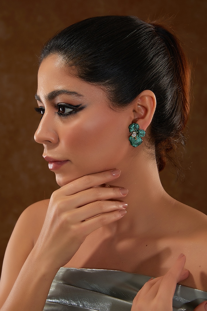 Black Rhodium Finish Zircon & Emerald Stone Stud Earrings In Sterling Silver by STELLA CREATIONS at Pernia's Pop Up Shop