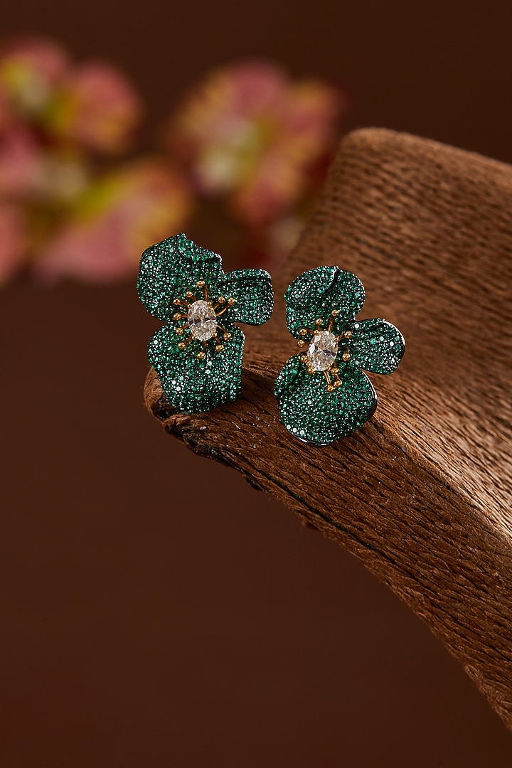 Black Rhodium Finish Zircon & Emerald Stone Stud Earrings In Sterling Silver by STELLA CREATIONS at Pernia's Pop Up Shop