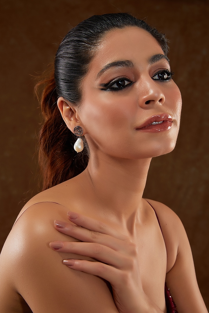 White Gold Finish Zircon & Amethyst Stone Dangler Earrings In Sterling Silver by STELLA CREATIONS at Pernia's Pop Up Shop