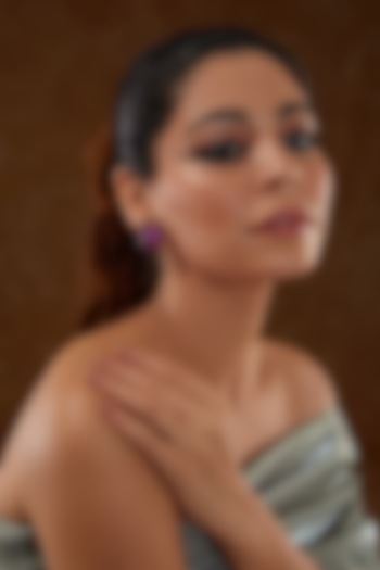 White Rhodium Finish Zircon & Synthetic Ruby Stone Stud Earrings In Sterling Silver by STELLA CREATIONS at Pernia's Pop Up Shop