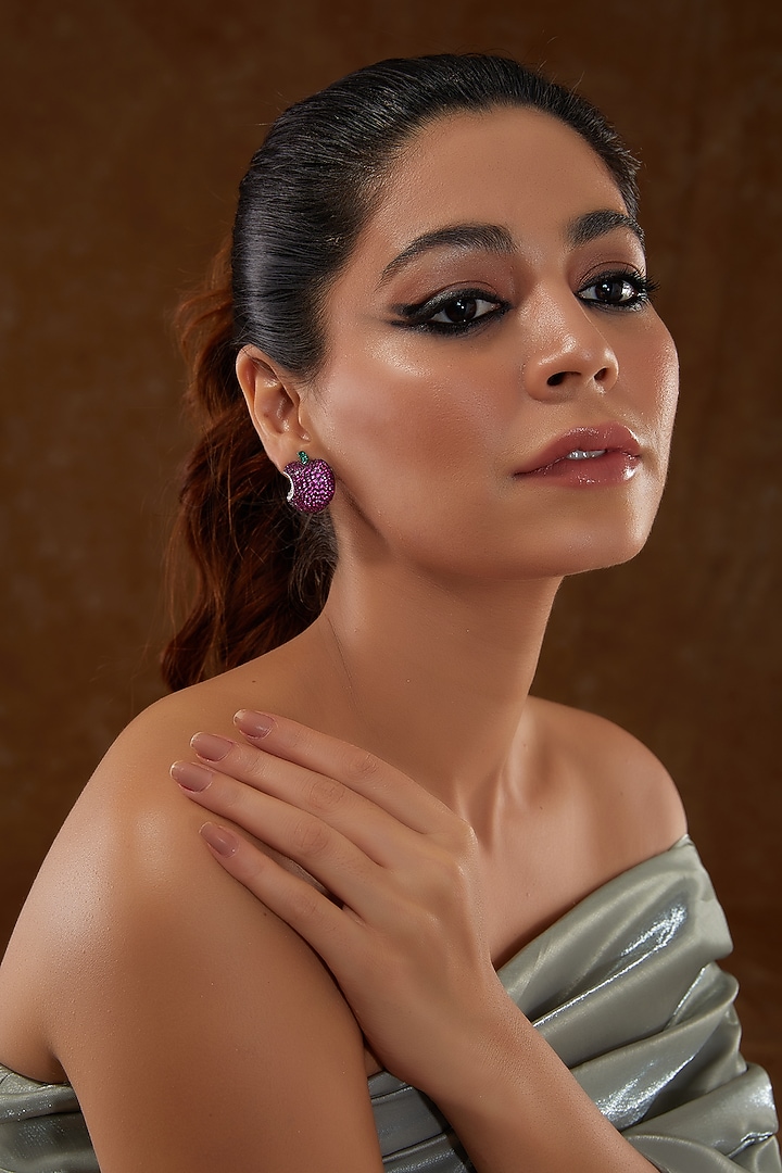 White Rhodium Finish Zircon & Synthetic Ruby Stone Stud Earrings In Sterling Silver by STELLA CREATIONS at Pernia's Pop Up Shop