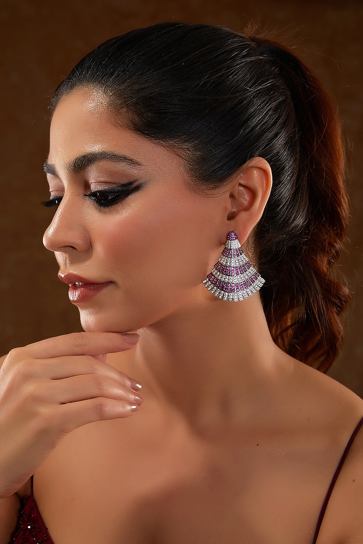 White Gold Finish Zircon & Amethyst Stone Dangler Earrings In Sterling Silver by STELLA CREATIONS at Pernia's Pop Up Shop