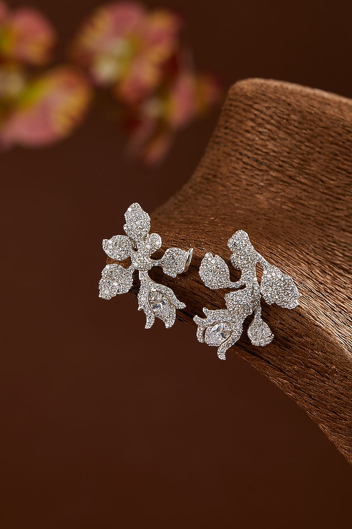 White Gold Finish Zircon Stud Earrings In Sterling Silver by STELLA CREATIONS at Pernia's Pop Up Shop