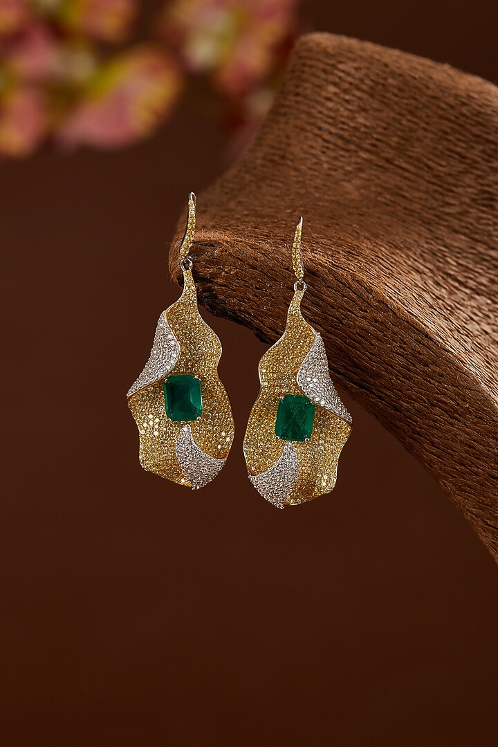 White Gold Finish Zircon & Synthetic Emerald Stone Dangler Earrings In Sterling Silver by STELLA CREATIONS at Pernia's Pop Up Shop