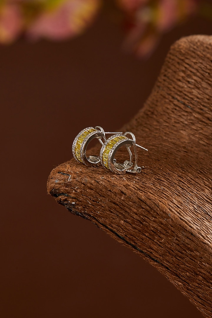 White Gold Finish Zircon & Yellow Topaz Stone Hoop Earrings In Sterling Silver by STELLA CREATIONS at Pernia's Pop Up Shop