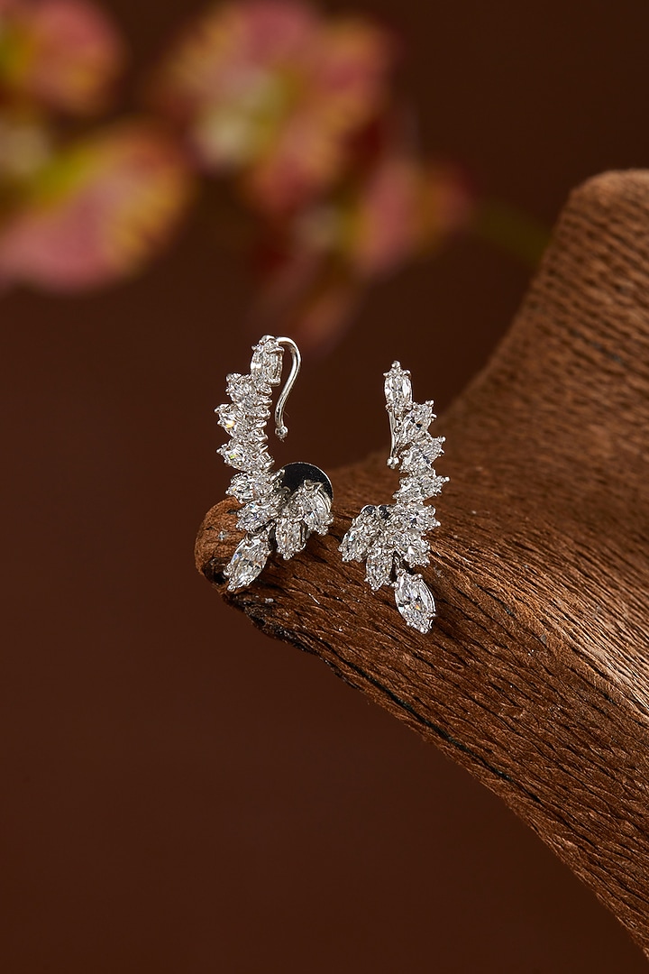 White Gold Finish Zircon Stud Earcuffs In Sterling Silver by STELLA CREATIONS at Pernia's Pop Up Shop