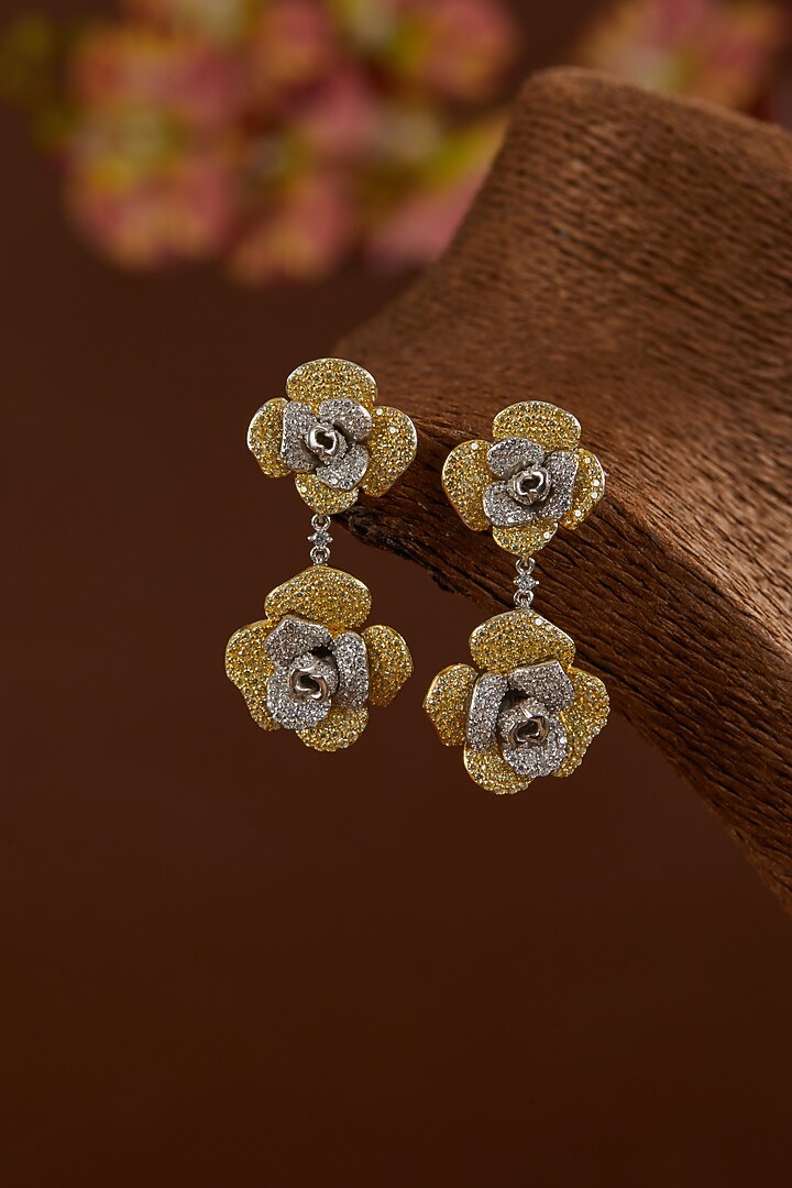 White Gold Finish Zircon & Synthetic Green Stone Dangler Earrings In Sterling Silver by STELLA CREATIONS at Pernia's Pop Up Shop