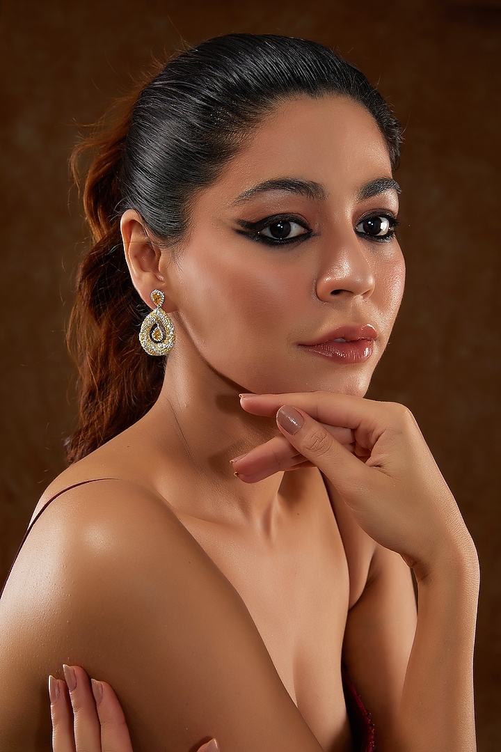 White Gold Finish Zircon & Yellow Topaz Stone Dangler Earrings In Sterling Silver by STELLA CREATIONS at Pernia's Pop Up Shop