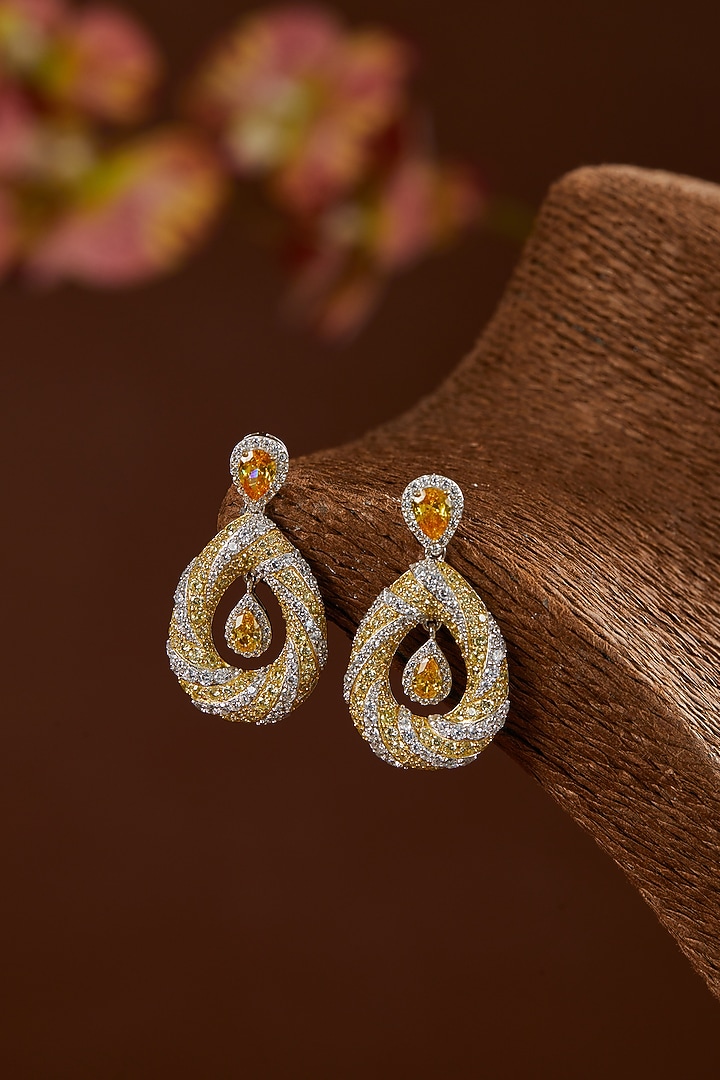 White Gold Finish Zircon & Yellow Topaz Stone Dangler Earrings In Sterling Silver by STELLA CREATIONS at Pernia's Pop Up Shop