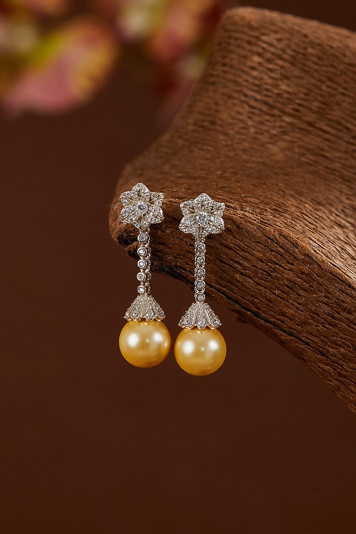 White Gold Finish Zircon & Yellow Freshwater Pearl Dangler Earrings In Sterling Silver by STELLA CREATIONS at Pernia's Pop Up Shop