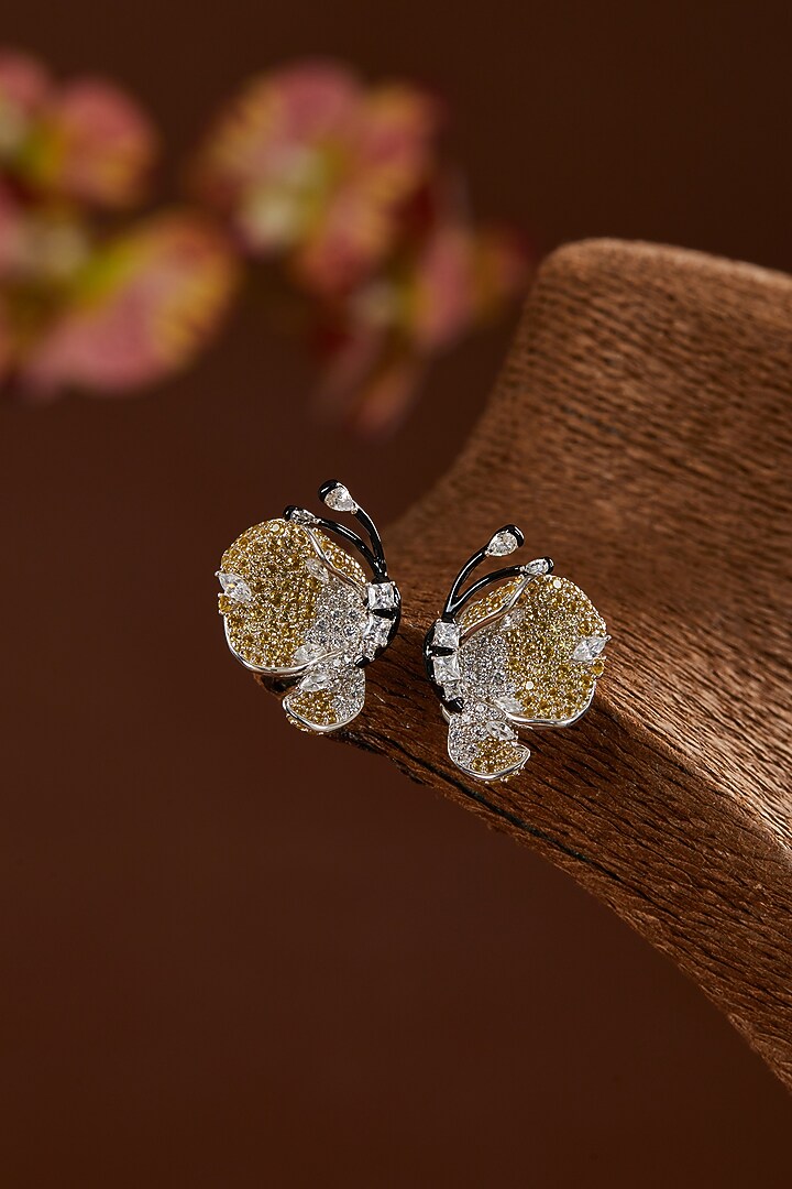 White Gold Finish Zircon & Yellow Topaz Stone Stud Earrings In Sterling Silver by STELLA CREATIONS at Pernia's Pop Up Shop