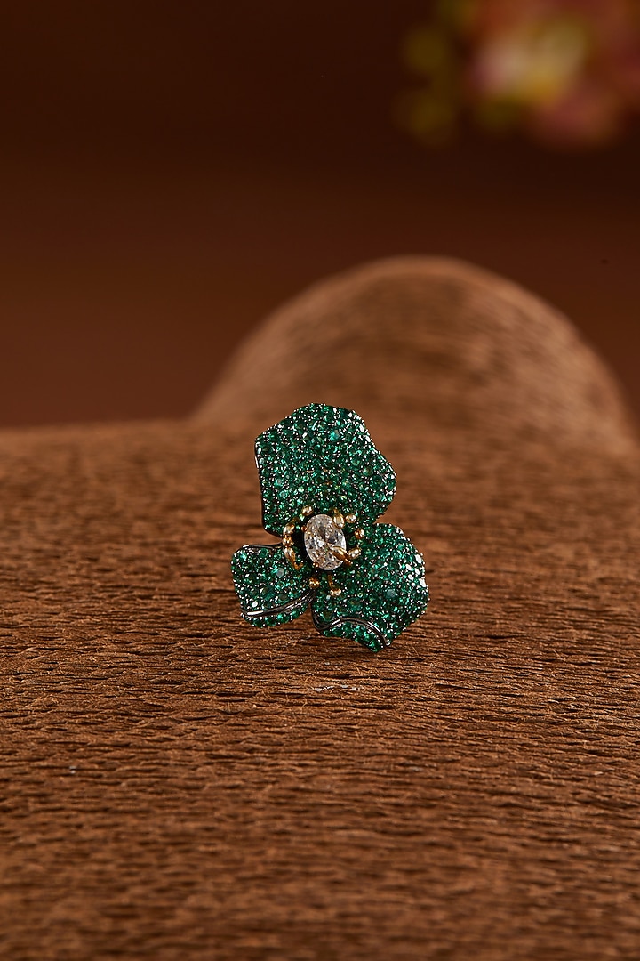 Black Rhodium Finish Zircon & Emerald Synthetic Stone Ring In Sterling Silver by STELLA CREATIONS at Pernia's Pop Up Shop
