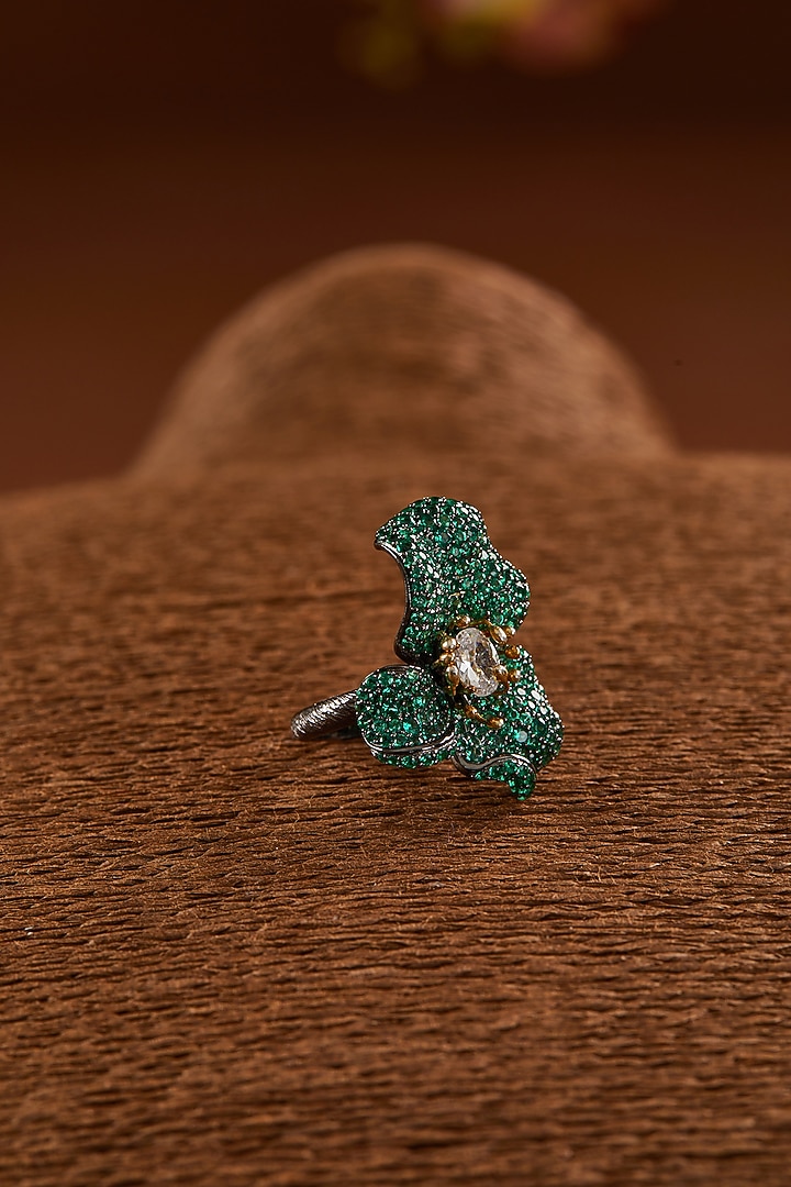 Black Rhodium Finish Zircon & Emerald Synthetic Stone Ring In Sterling Silver by STELLA CREATIONS at Pernia's Pop Up Shop